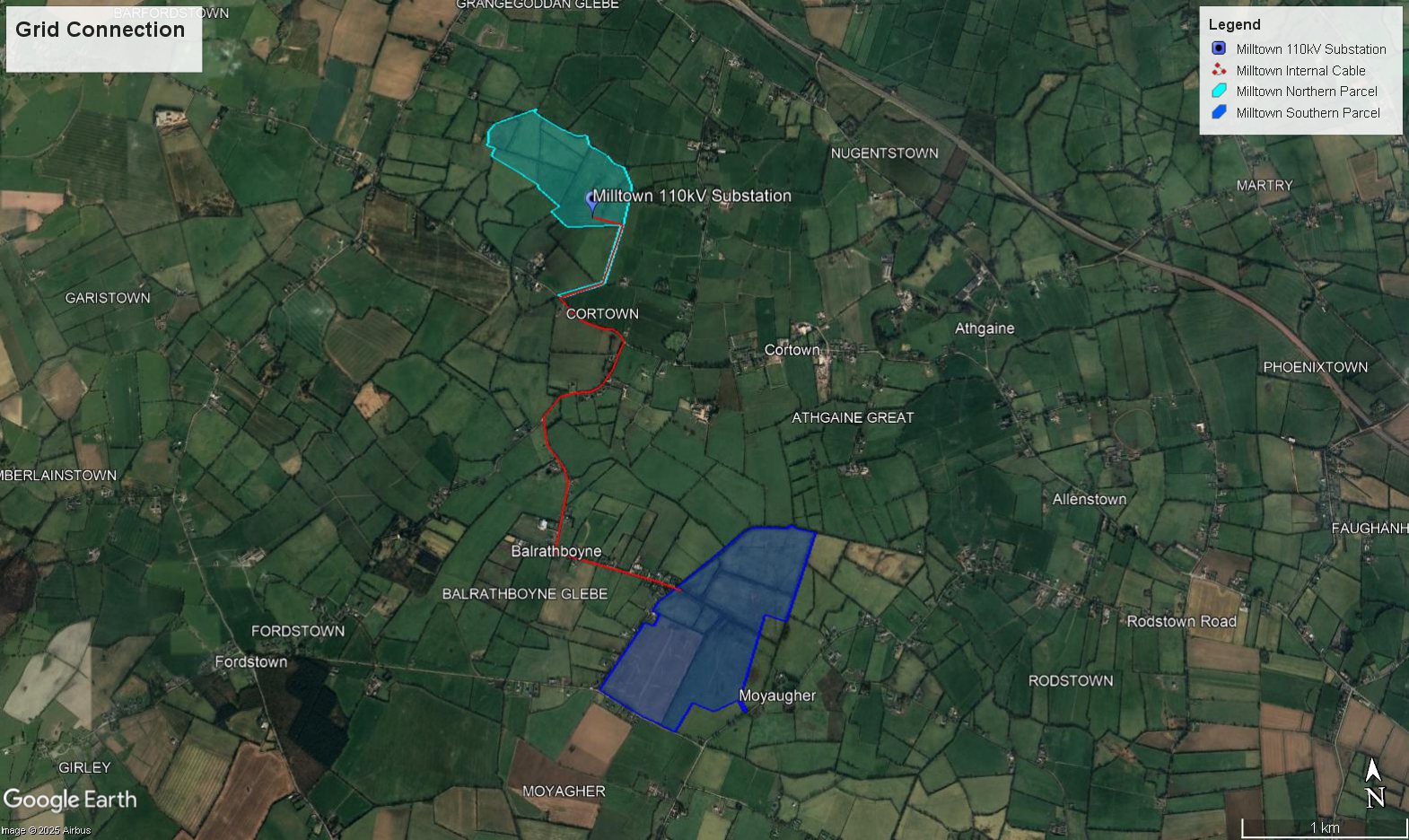 A satellite map of a Milltown, and Coftown. Roads connect the settlements, and certain areas are outlined with blue and green boundary lines, indicating where the electricity grid connection will be located.